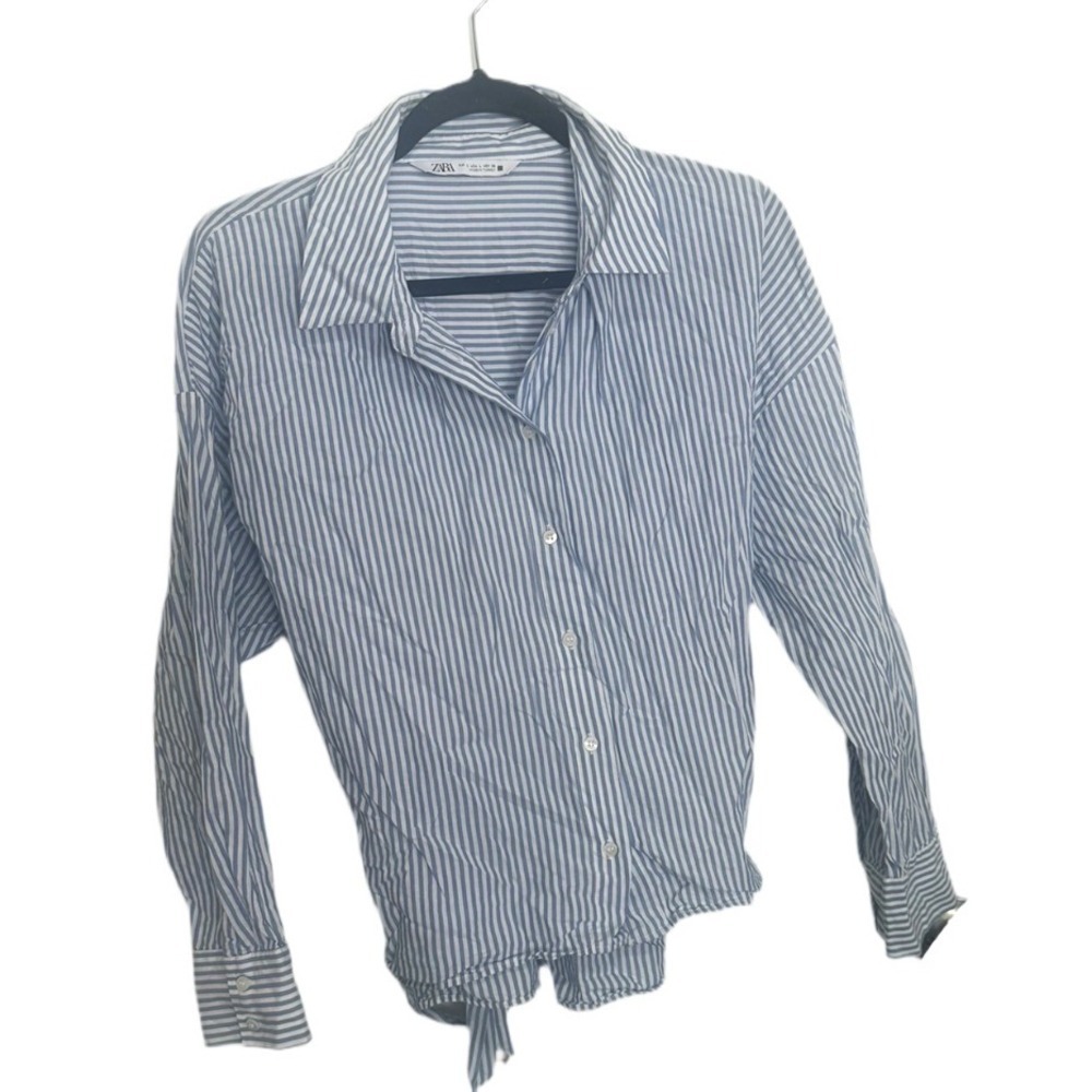 Zara Blue and White Pinstriped Button Down Tie Back Shirt Size Large Office Prep